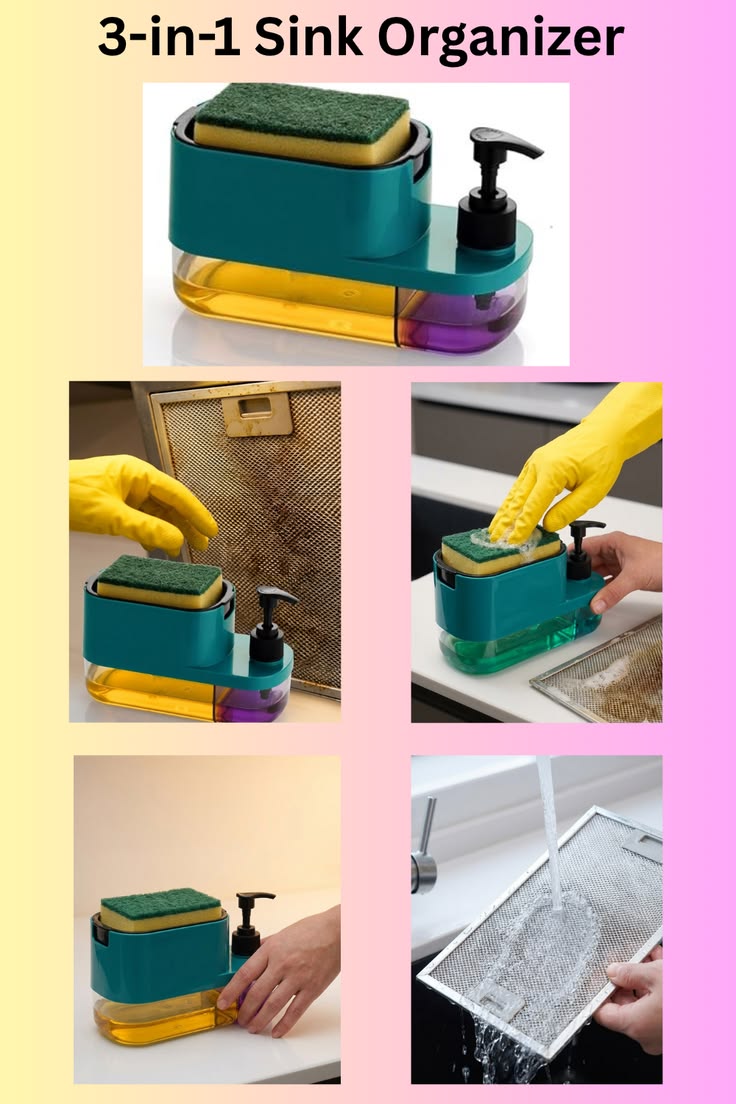 3-in-1 Kitchen Sink Organizer with Sponge Holder & Soap Dispenser