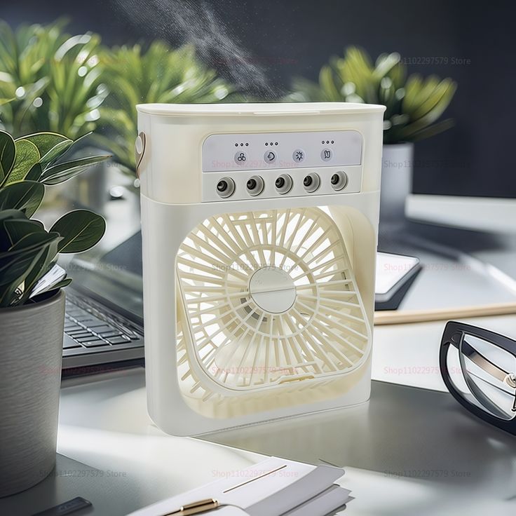 Portable 4-in-1 Mini Air Cooler with Water Mist, USB Rechargeable Fan & LED Light