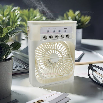Portable 4-in-1 Mini Air Cooler with Water Mist, USB Rechargeable Fan & LED Light