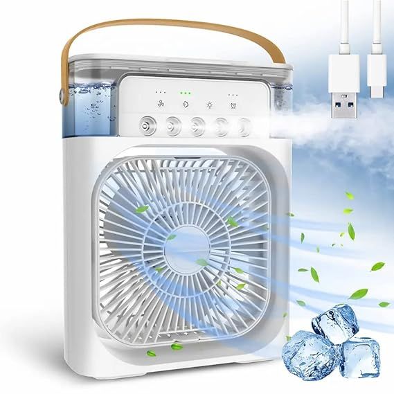 Portable 4-in-1 Mini Air Cooler with Water Mist, USB Rechargeable Fan & LED Light