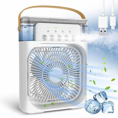 Portable 4-in-1 Mini Air Cooler with Water Mist, USB Rechargeable Fan & LED Light