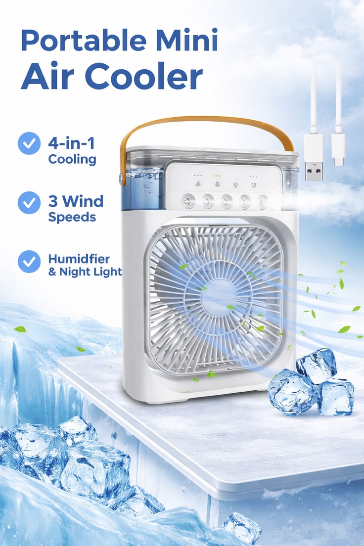 Portable 4-in-1 Mini Air Cooler with Water Mist, USB Rechargeable Fan & LED Light