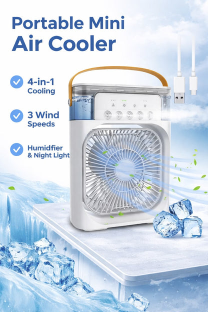 Portable 4-in-1 Mini Air Cooler with Water Mist, USB Rechargeable Fan & LED Light